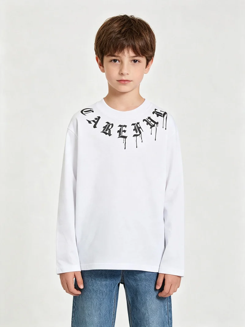 T-shirt da ragazzo a maniche lunghe con scritte davanti e dietro - bianco
