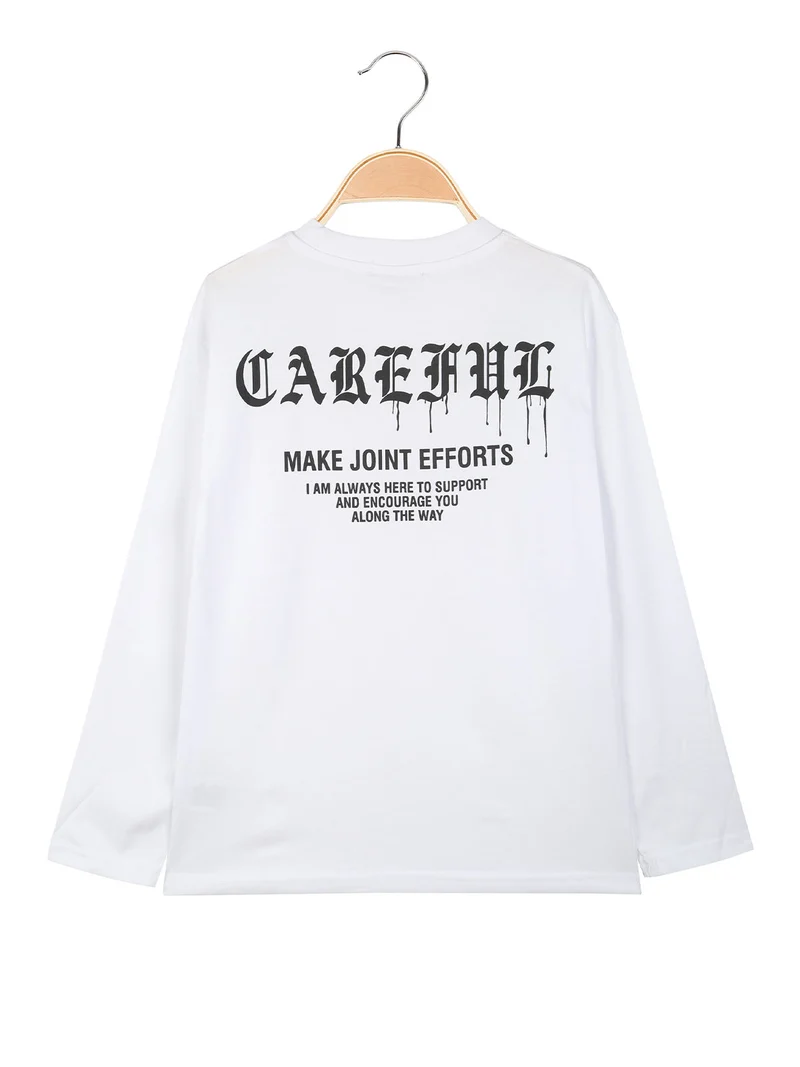 T-shirt da ragazzo a maniche lunghe con scritte davanti e dietro - bianco
