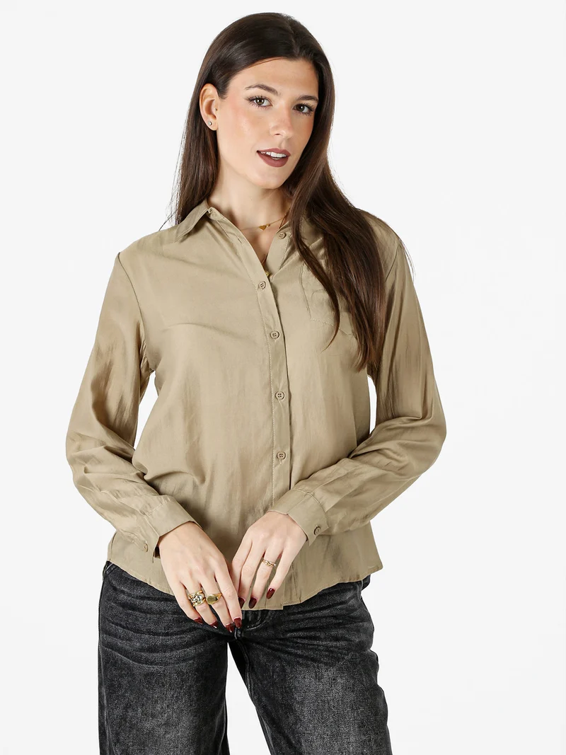 Camicia donna a maniche lunghe in misto cotone - sabbia