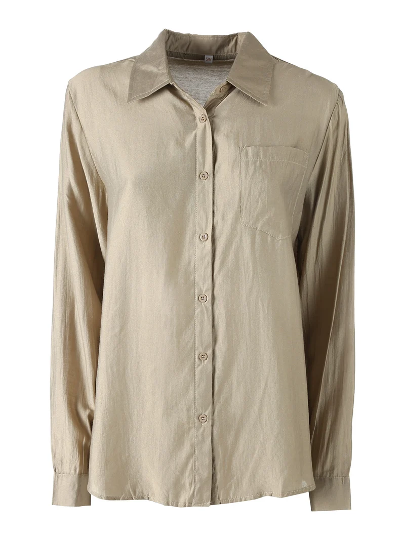 Camicia donna a maniche lunghe in misto cotone - sabbia
