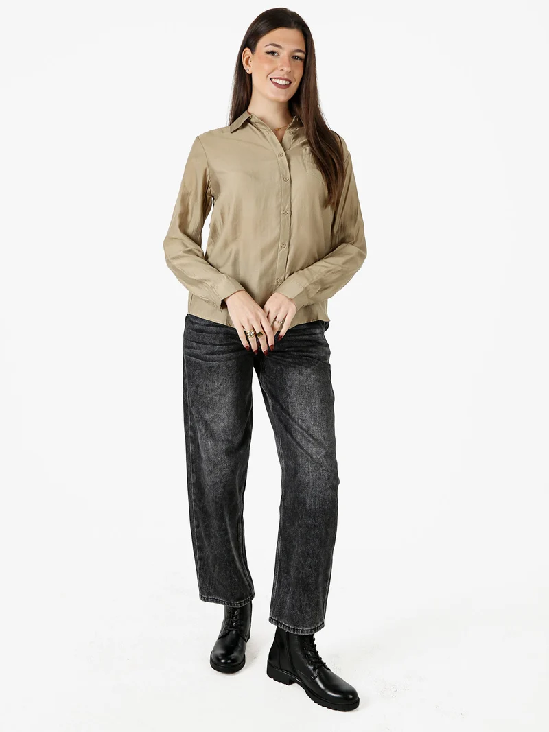 Camicia donna a maniche lunghe in misto cotone - sabbia