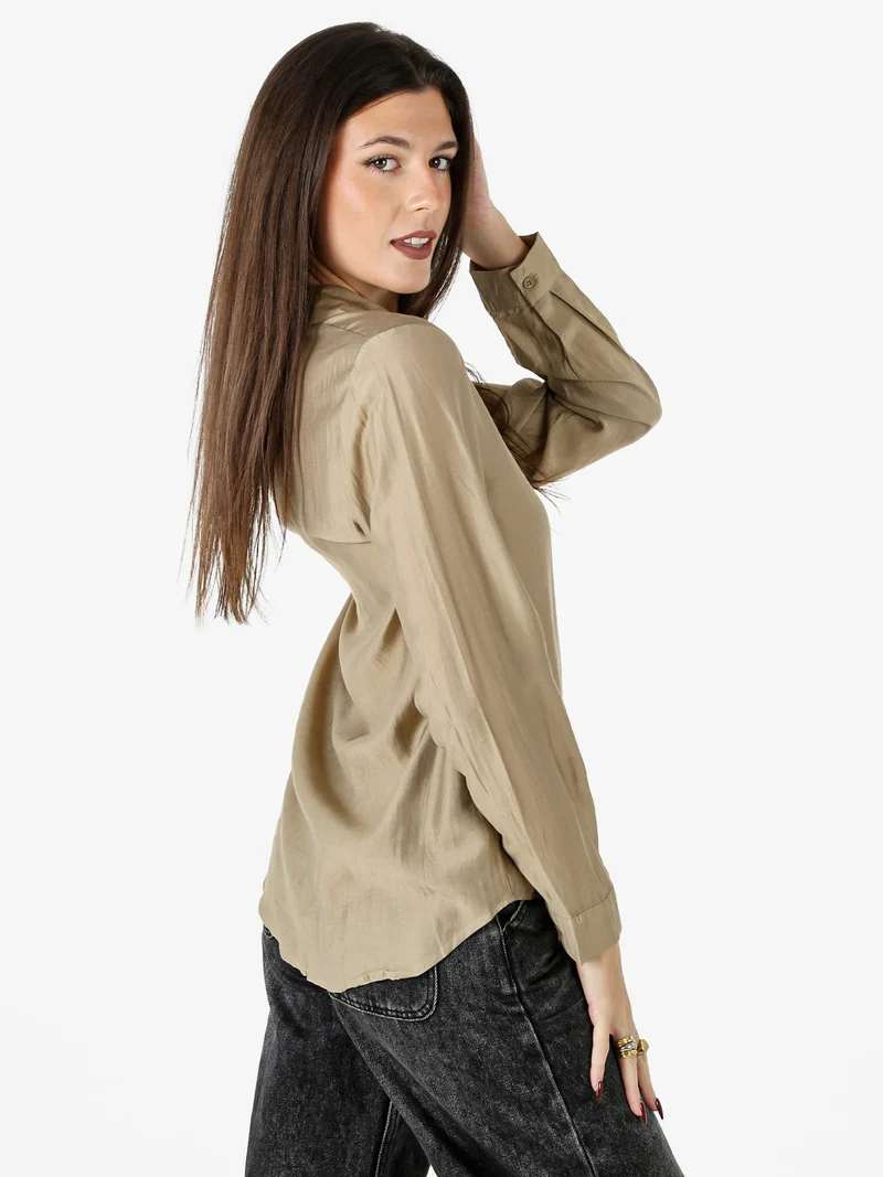 Camicia donna a maniche lunghe in misto cotone - sabbia