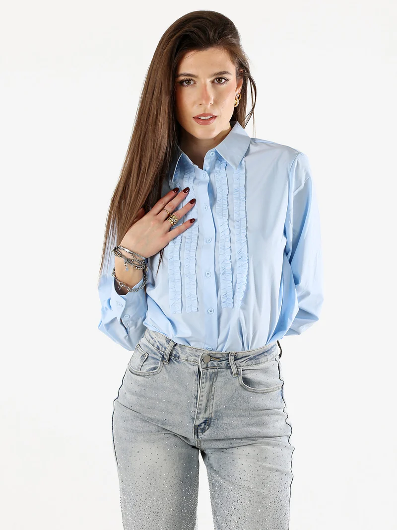 Camicia donna a maniche lunghe in misto cotone - azzurro
