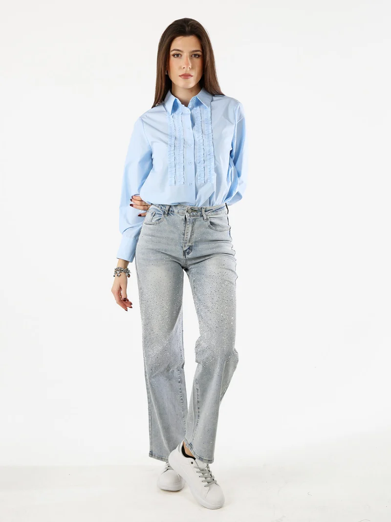 Camicia donna a maniche lunghe in misto cotone - azzurro