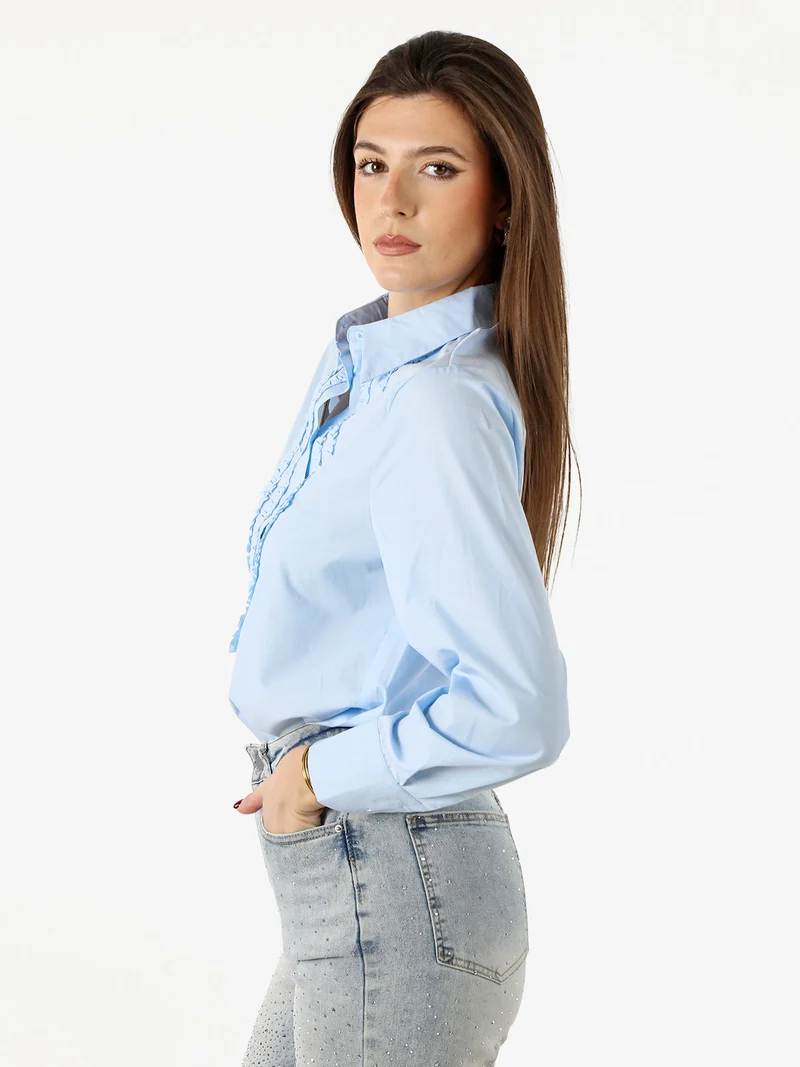 Camicia donna a maniche lunghe in misto cotone - azzurro
