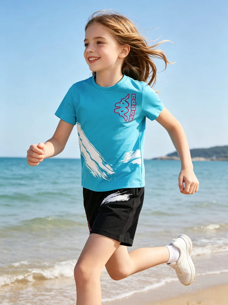 Completo corto da bambina in cotone con t-shirt e shorts - turchese