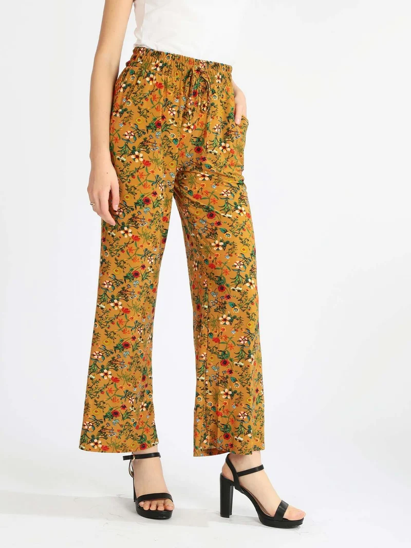 Pantaloni donna a palazzo floreali - cammello