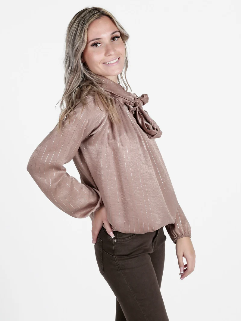 Camicetta donna a maniche lunghe con righe argento - marrone