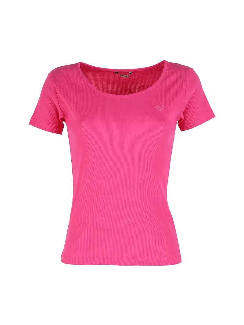 T-shirt donna in cotone a costine - fucsia