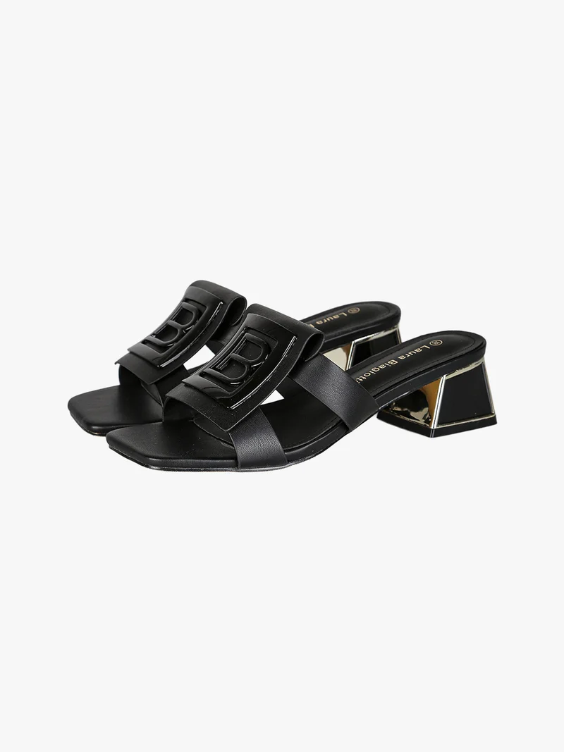 Ciabatte donna con tacco basso a trapezio e logo - nero