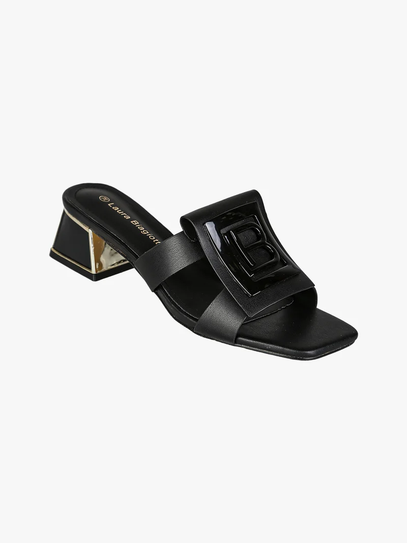 Ciabatte donna con tacco basso a trapezio e logo - nero