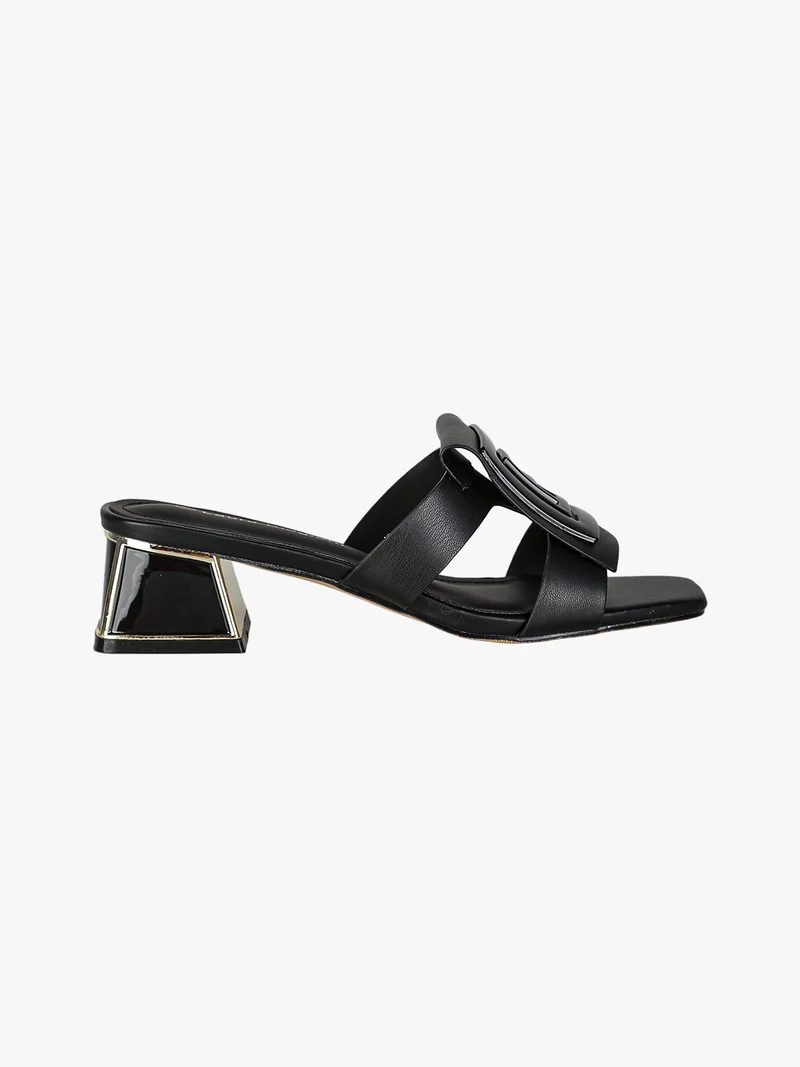 Ciabatte donna con tacco basso a trapezio e logo - nero