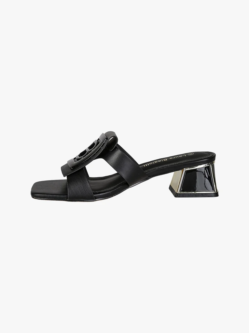 Ciabatte donna con tacco basso a trapezio e logo - nero
