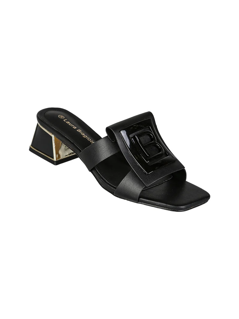 Ciabatte donna con tacco basso a trapezio e logo - nero