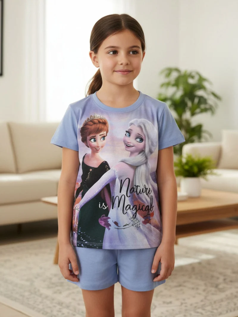 Pigiama corto bambina Anna E Elsa - azzurro