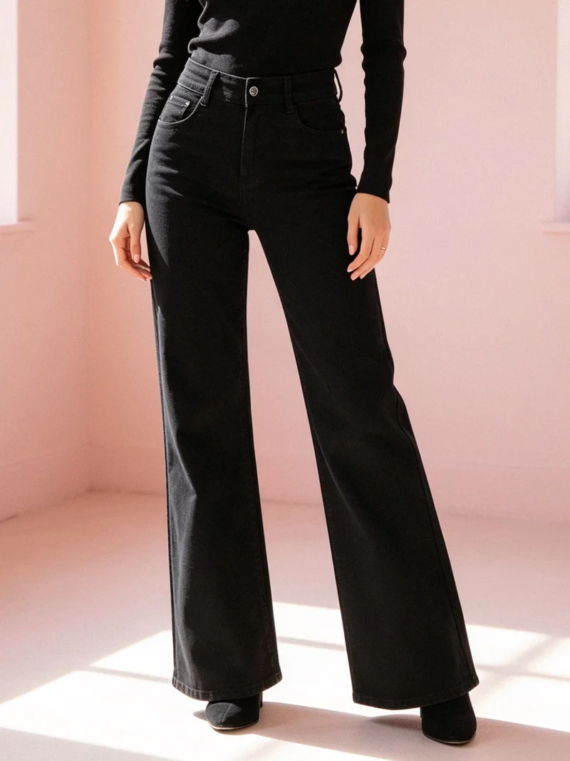 Jeans donna a vita alta con gamba larga - nero