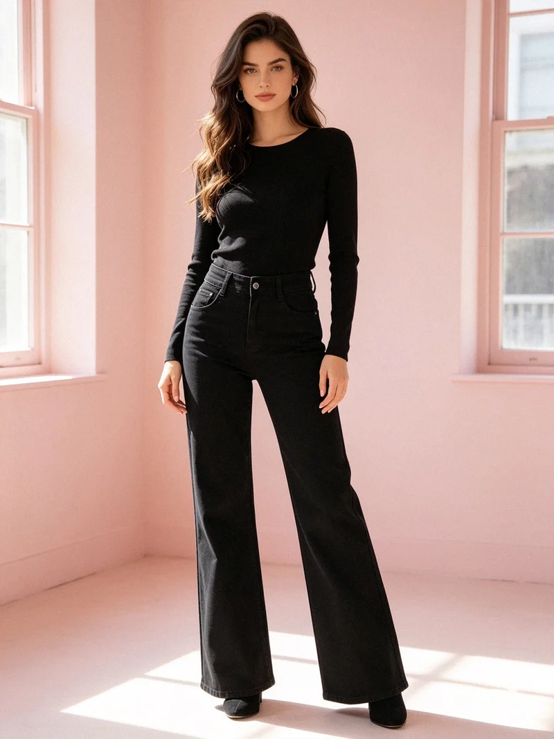 Jeans donna a vita alta con gamba larga - nero