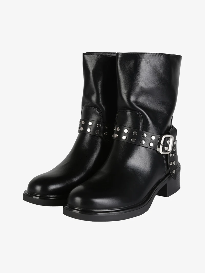 Stivaletti donna biker con cinturino di borchie - nero