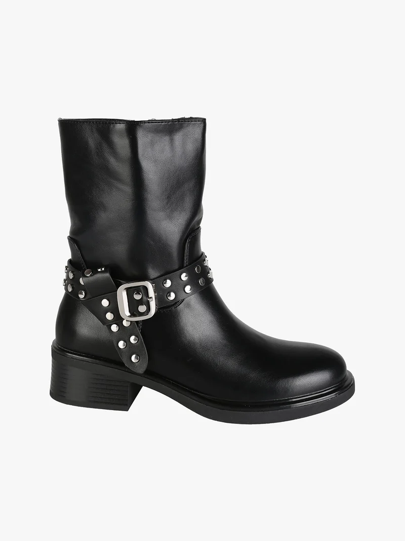 Stivaletti donna biker con cinturino di borchie - nero