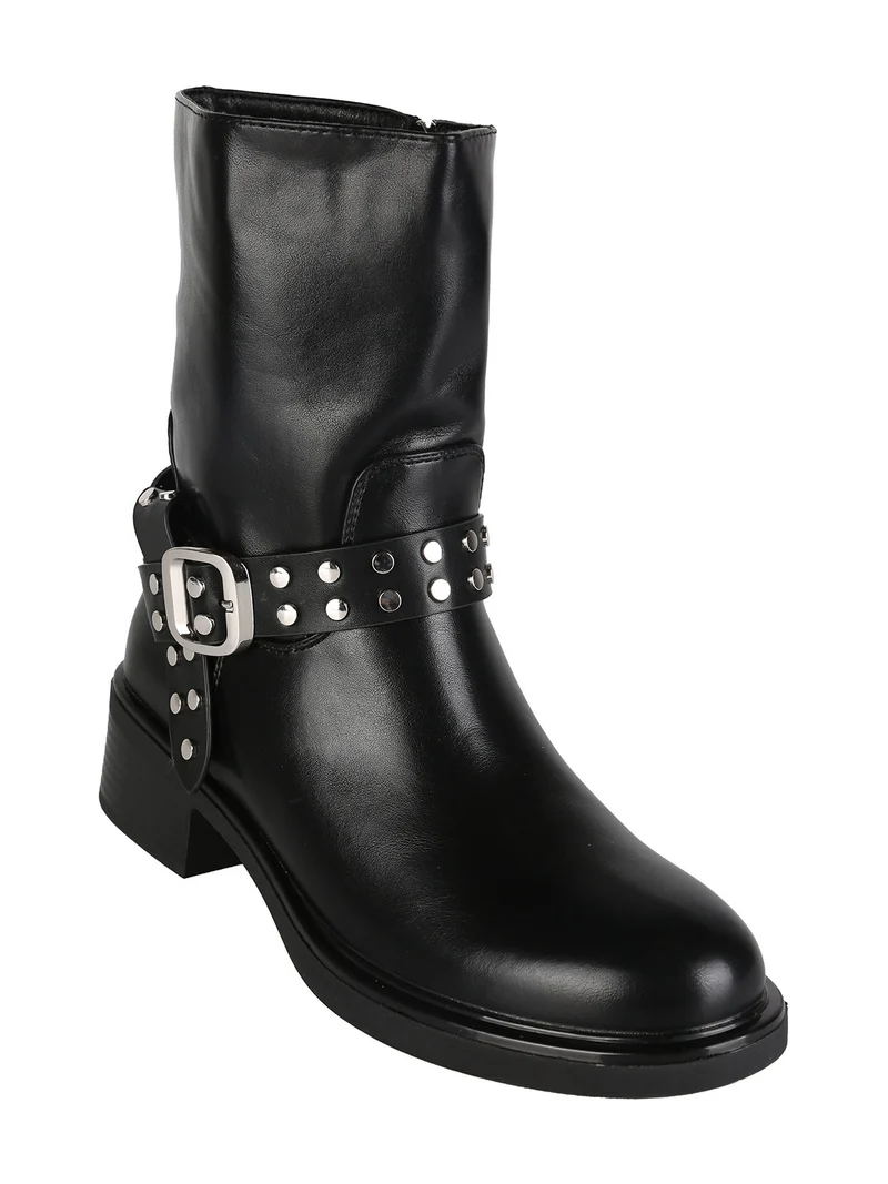 Stivaletti donna biker con cinturino di borchie - nero