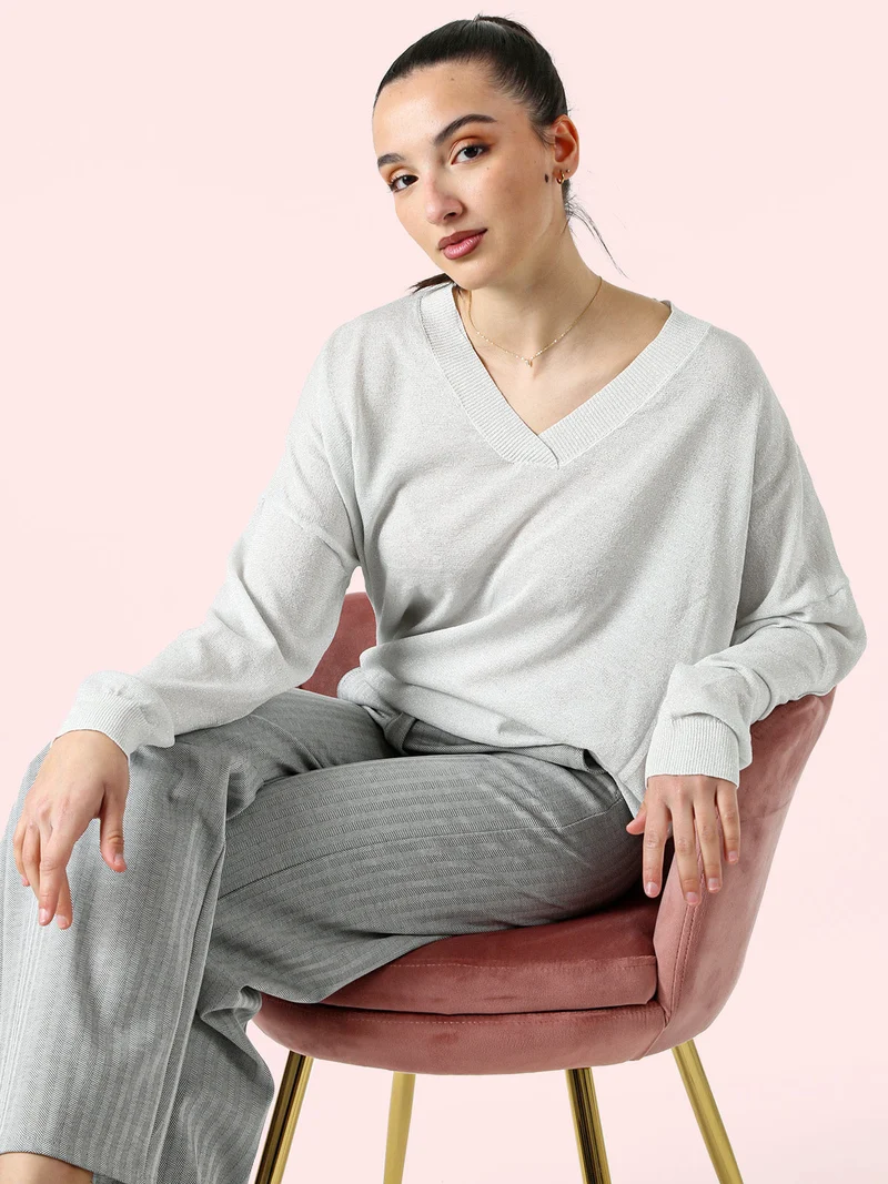Maglia donna lurex oversize con scollo V - argento