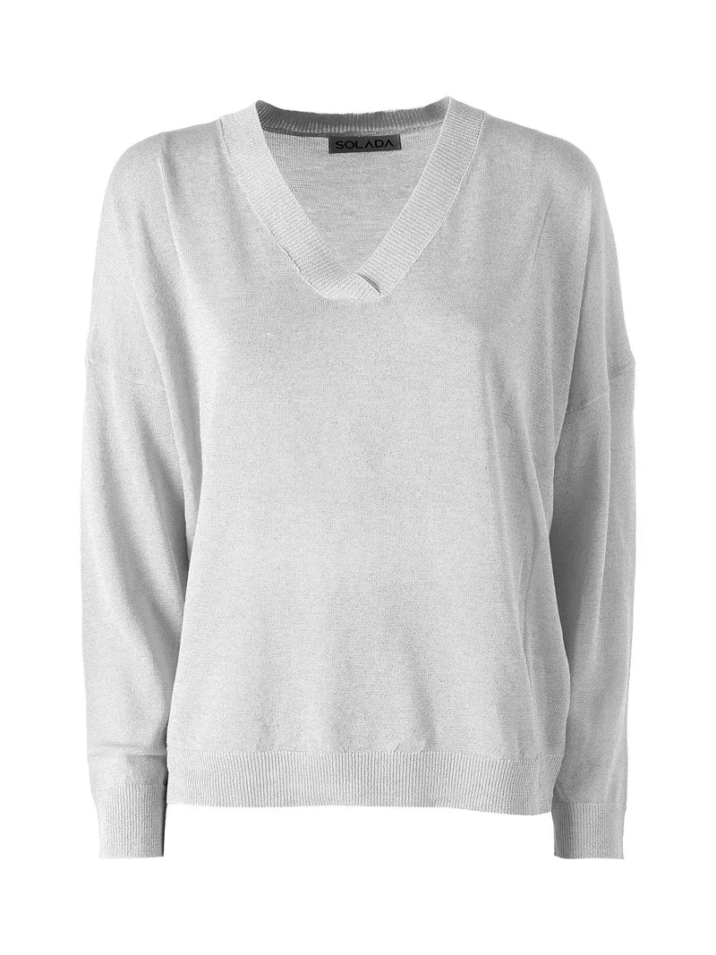 Maglia donna lurex oversize con scollo V - argento