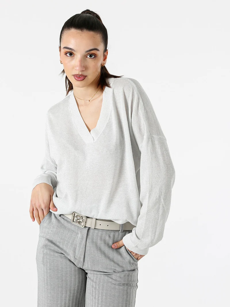 Maglia donna lurex oversize con scollo V - argento