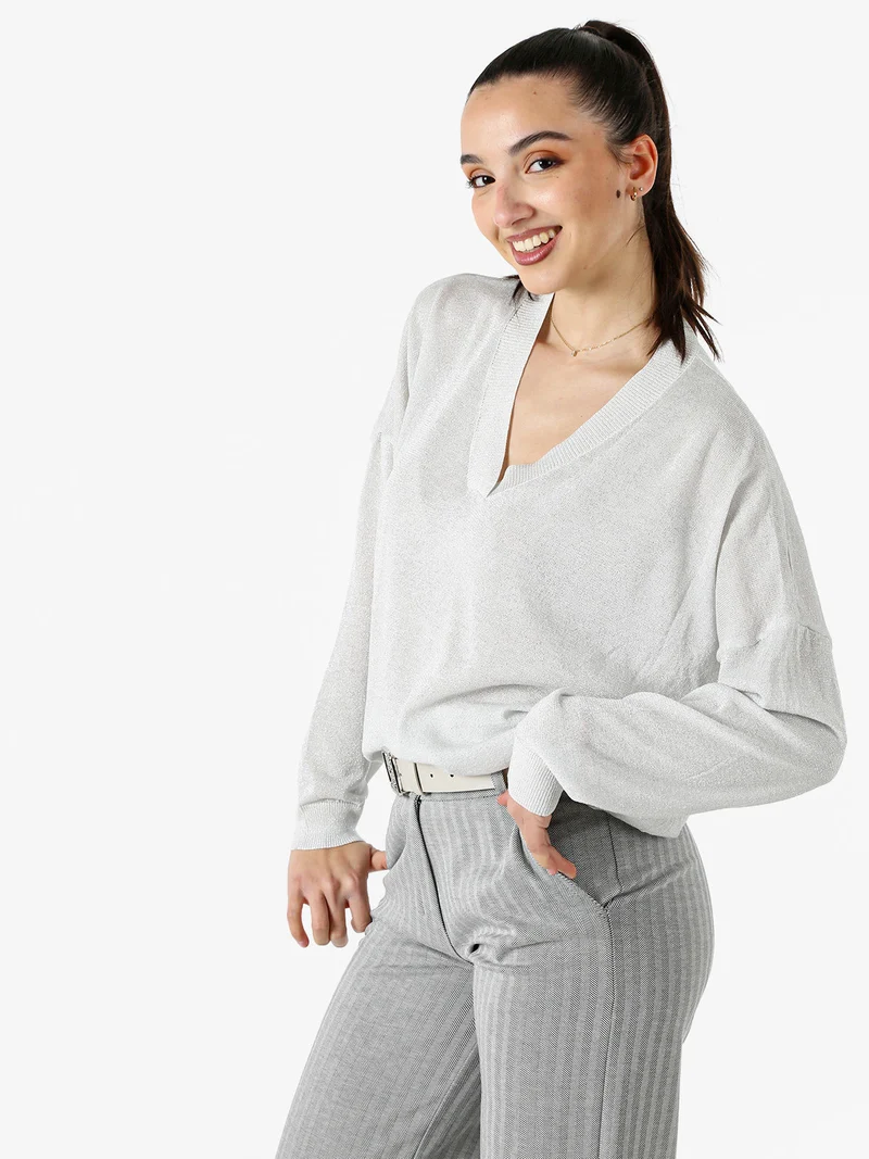 Maglia donna lurex oversize con scollo V - argento