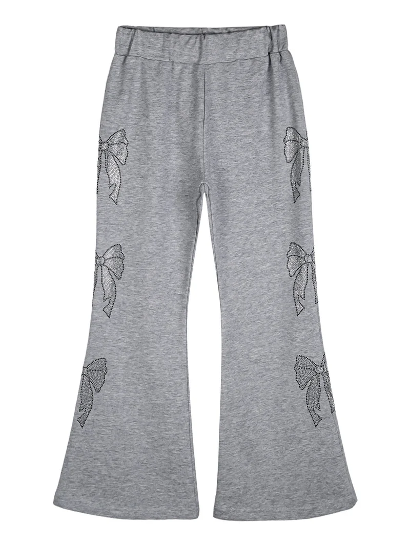 Pantaloni da bambina a zampa con fiocchi di strass ed elastico in vita - grigio