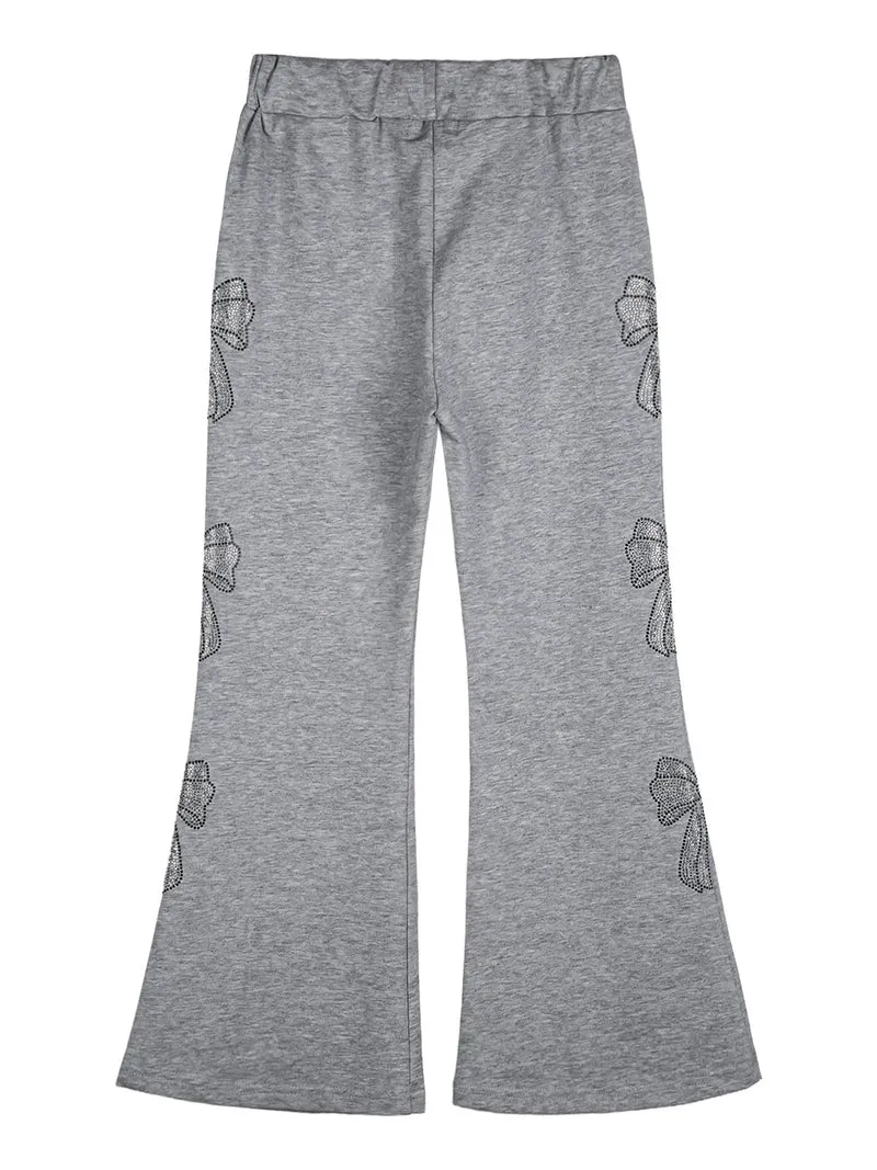 Pantaloni da bambina a zampa con fiocchi di strass ed elastico in vita - grigio