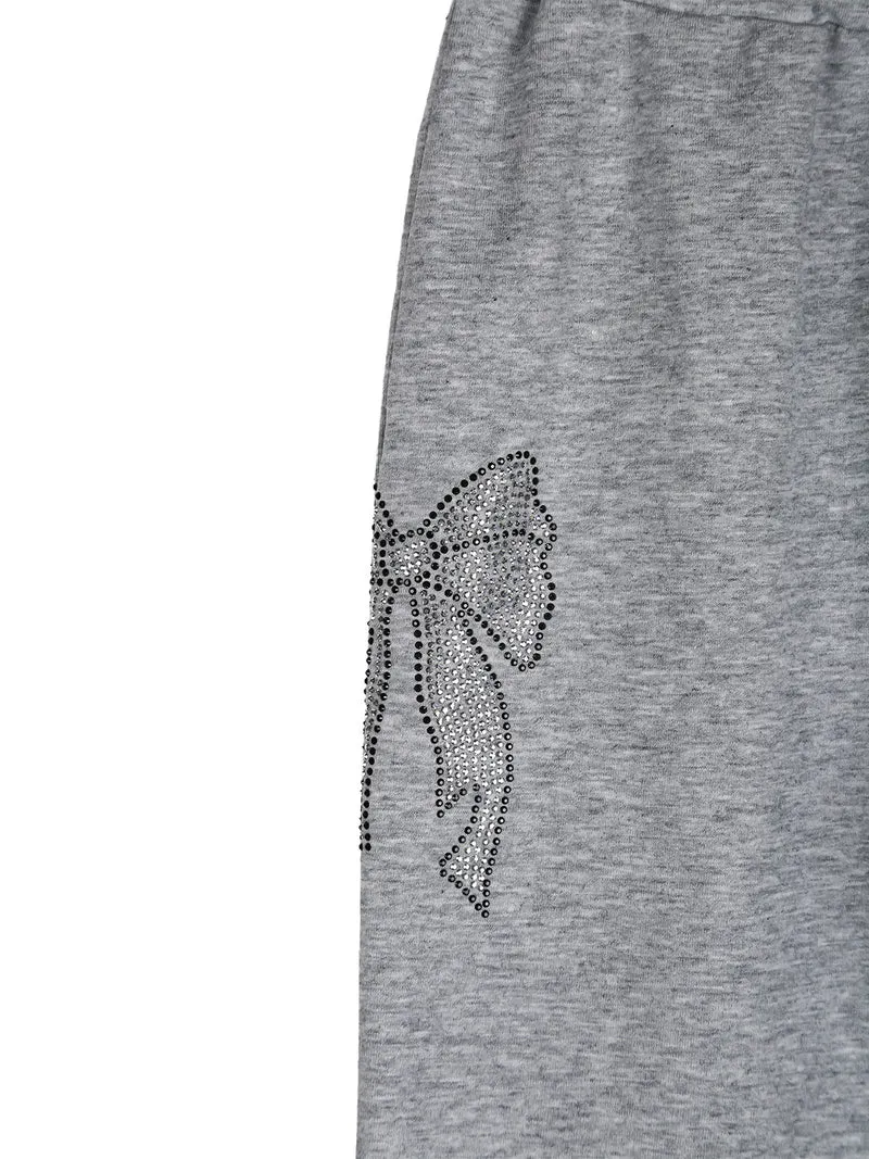 Pantaloni da bambina a zampa con fiocchi di strass ed elastico in vita - grigio
