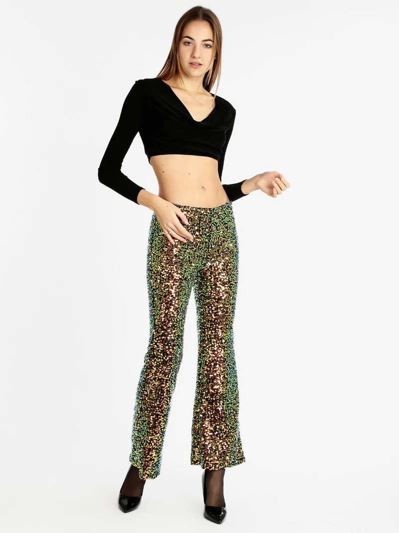 Pantaloni a zampa con pailettes - nero