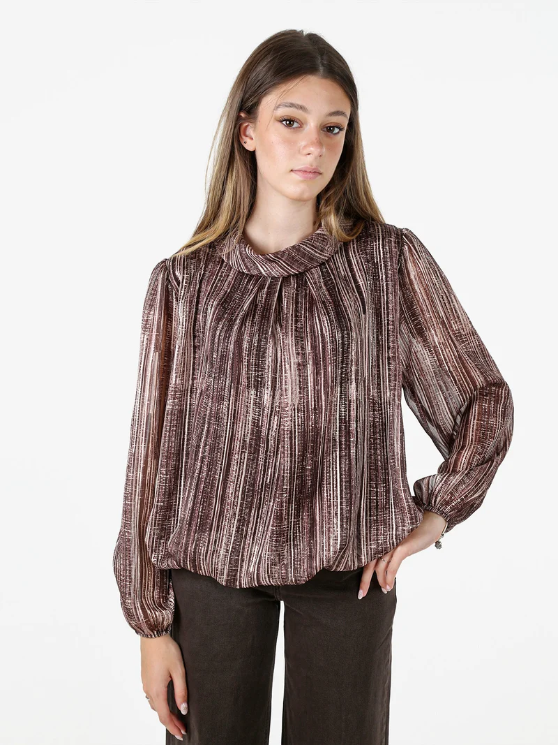 Blusa donna a fantasia con collo risvoltato e maniche lunghe a palloncino - marrone