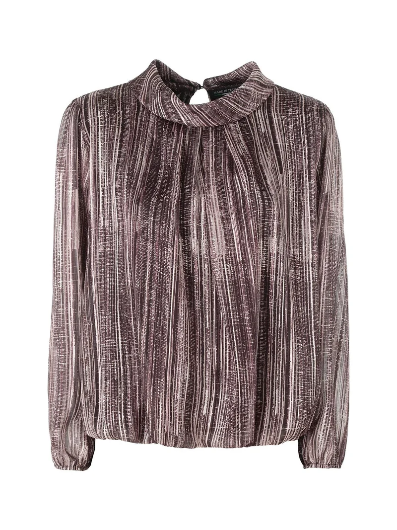 Blusa donna a fantasia con collo risvoltato e maniche lunghe a palloncino - marrone