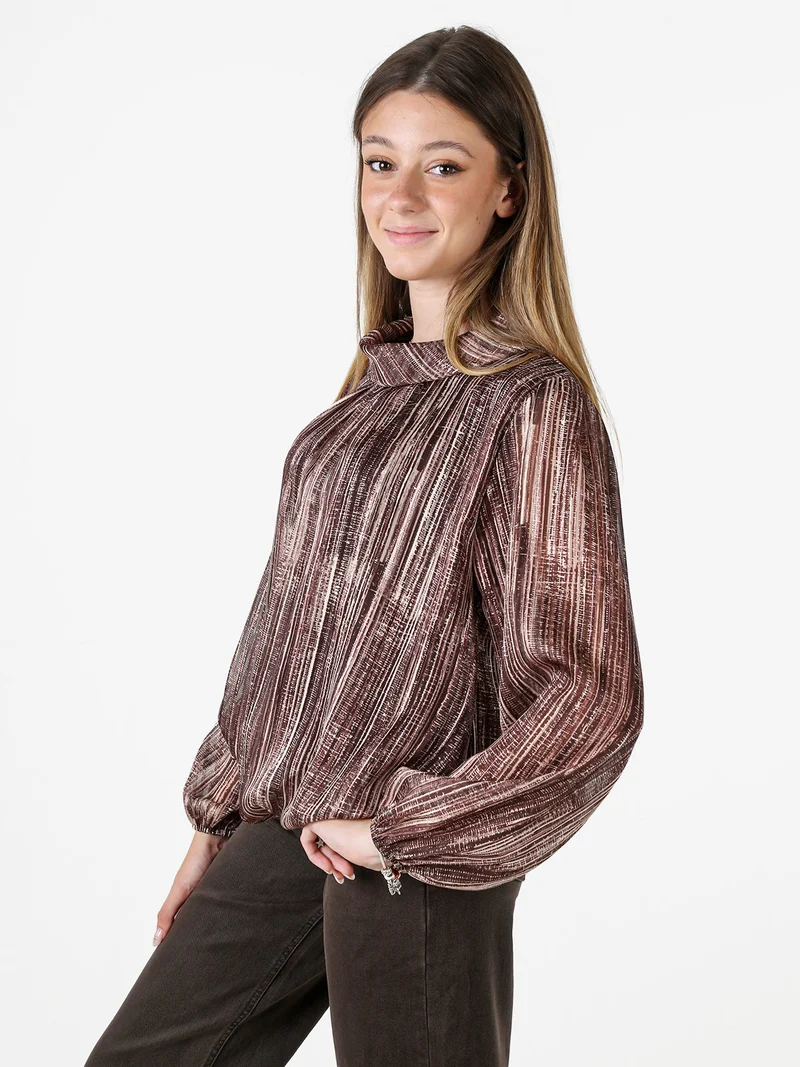 Blusa donna a fantasia con collo risvoltato e maniche lunghe a palloncino - marrone