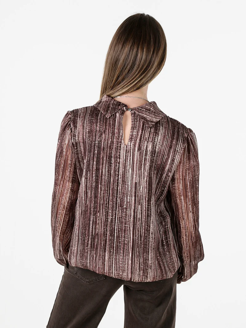 Blusa donna a fantasia con collo risvoltato e maniche lunghe a palloncino - marrone