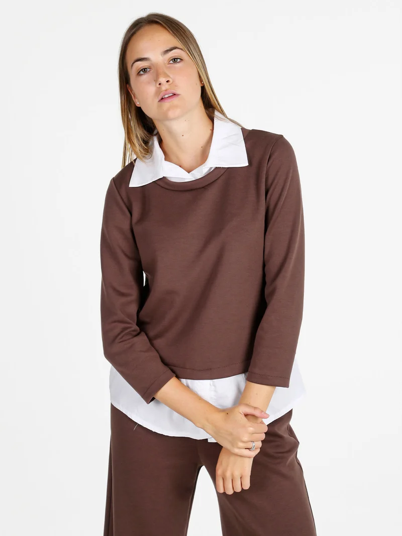 Felpa donna girocollo con dettagli a camicia - moro
