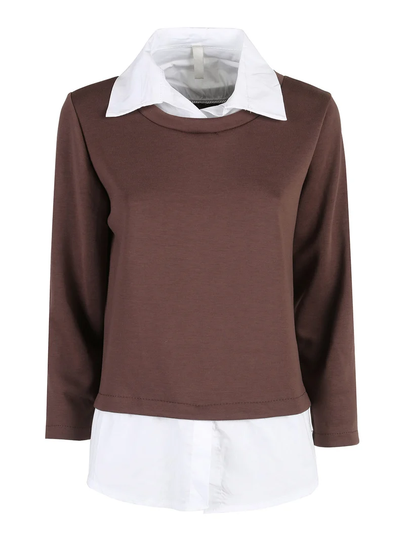 Felpa donna girocollo con dettagli a camicia - moro