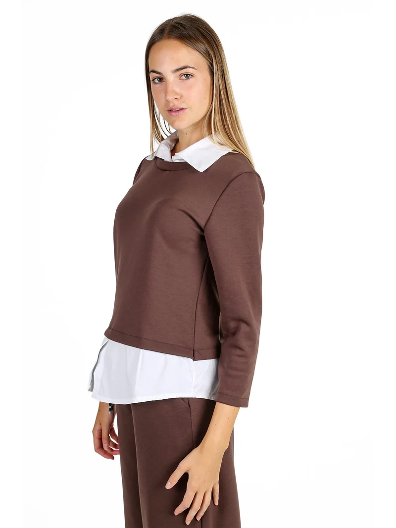 Felpa donna girocollo con dettagli a camicia - moro