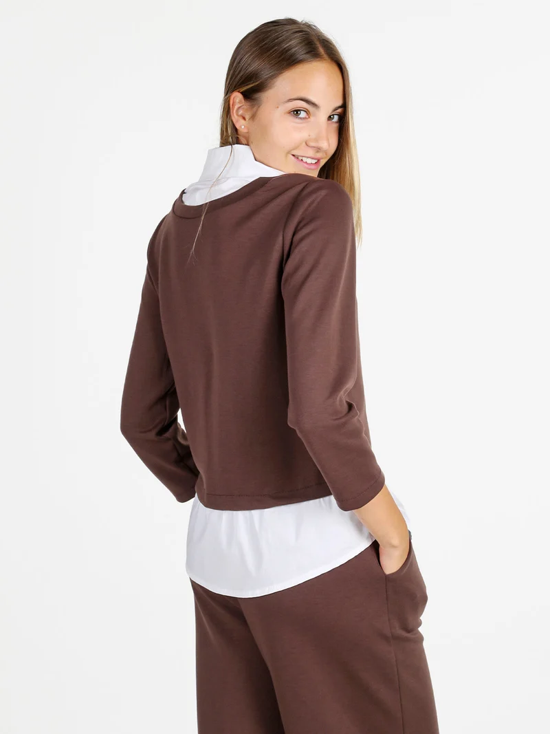 Felpa donna girocollo con dettagli a camicia - moro