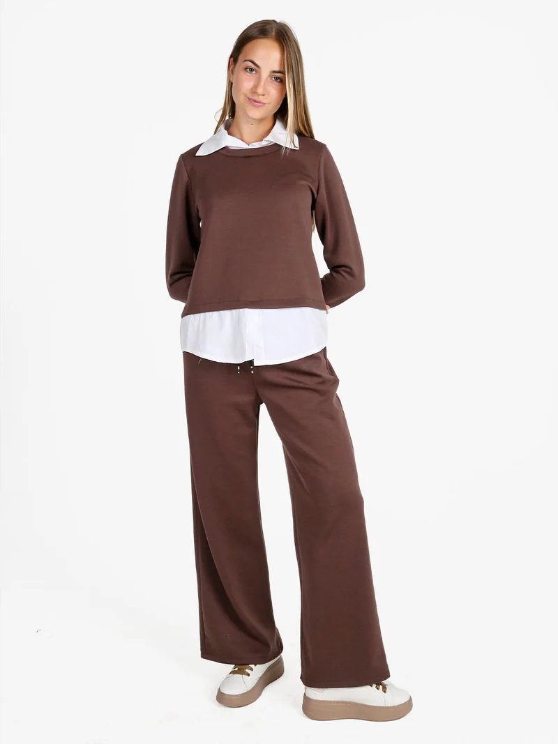 Felpa donna girocollo con dettagli a camicia - moro
