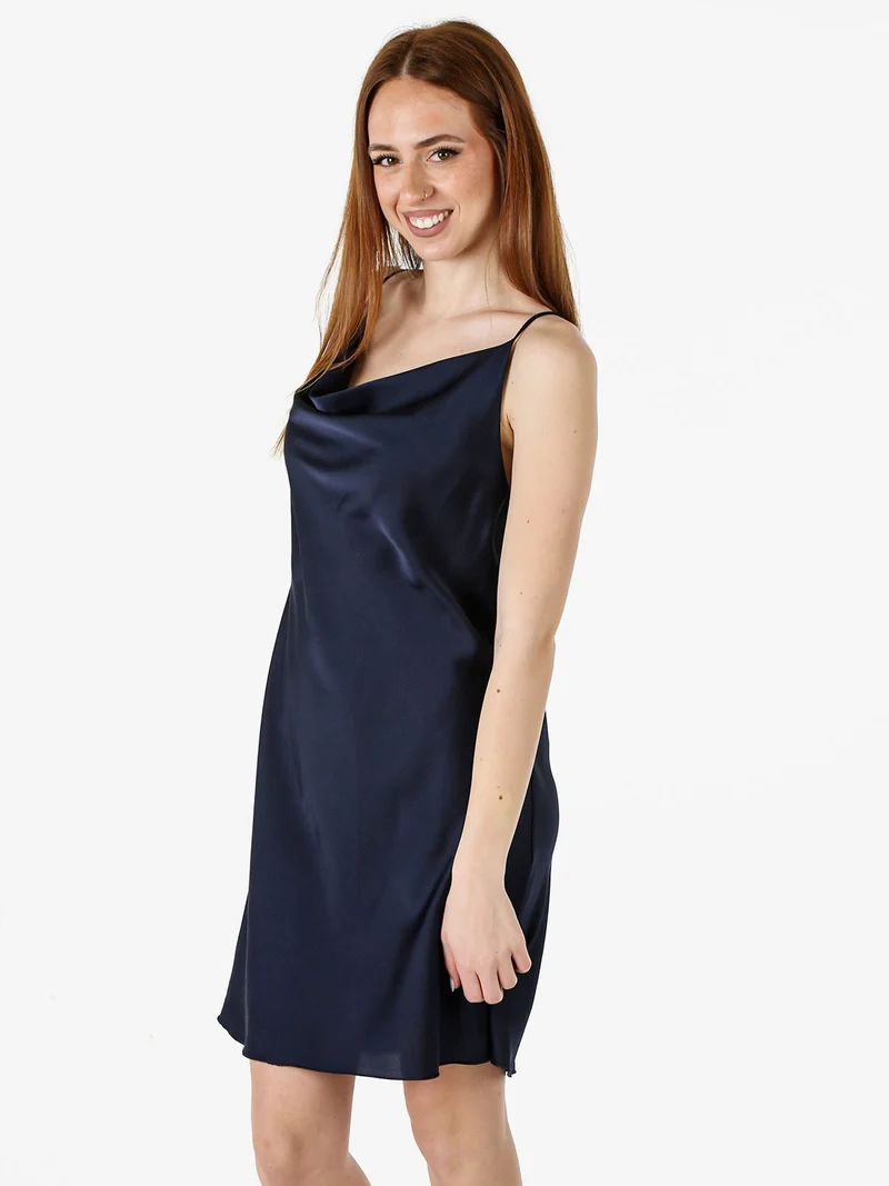 Vestito da donna con spalline sottili e scollo a cascata - blu scuro