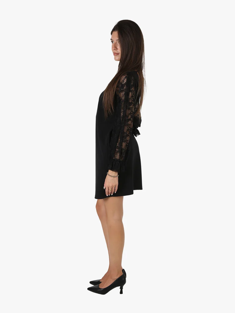 Abito donna con maniche lunghe a palloncino in pizzo - nero