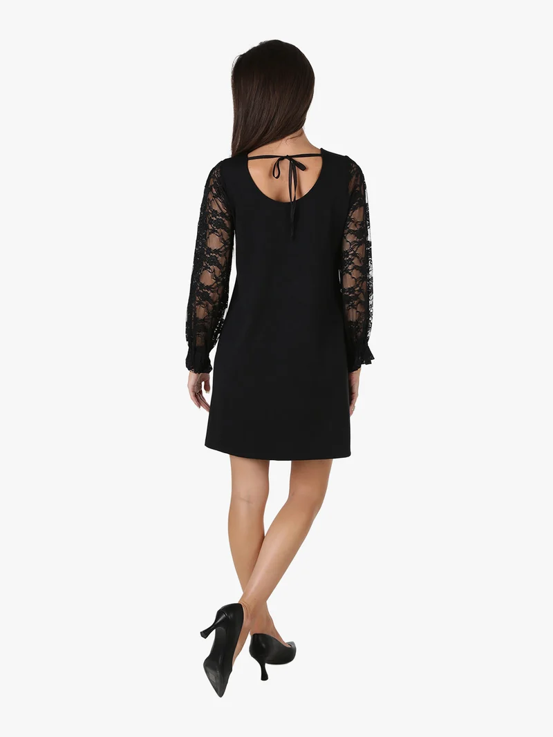 Abito donna con maniche lunghe a palloncino in pizzo - nero