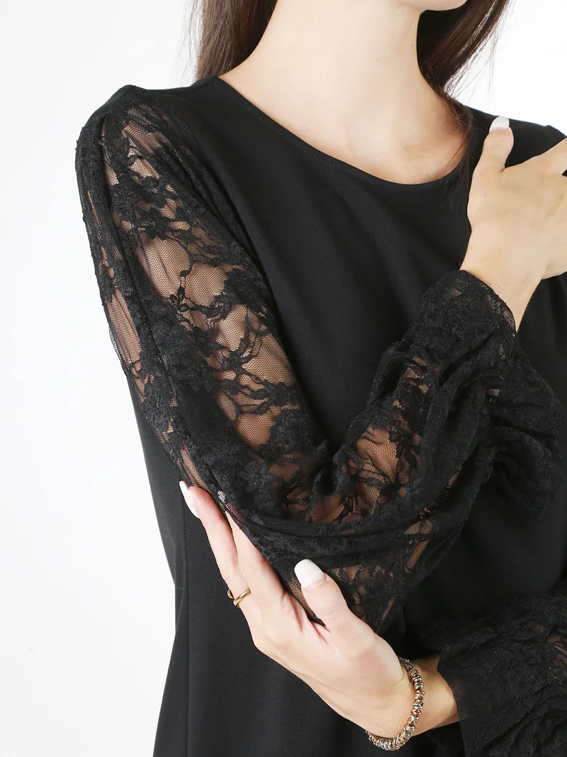 Abito donna con maniche lunghe a palloncino in pizzo - nero