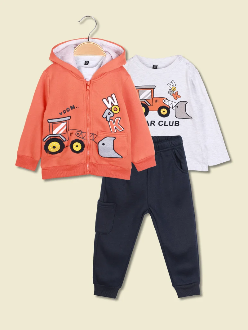 Completo 3 pezzi da neonato con cappuccio e zip - arancione