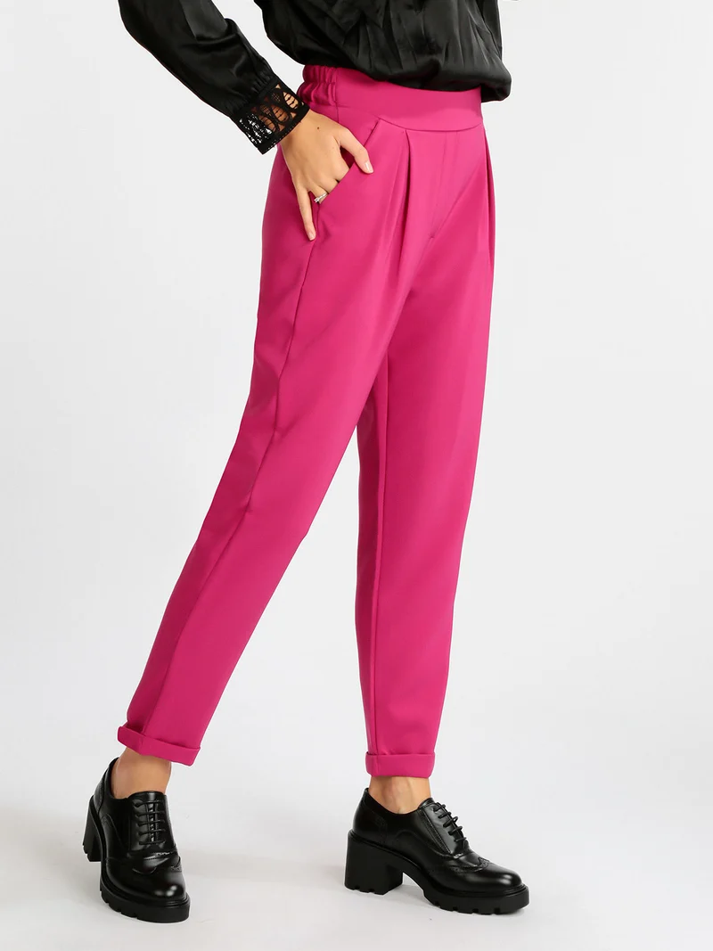 Pantaloni eleganti donna con risvolto - fucsia