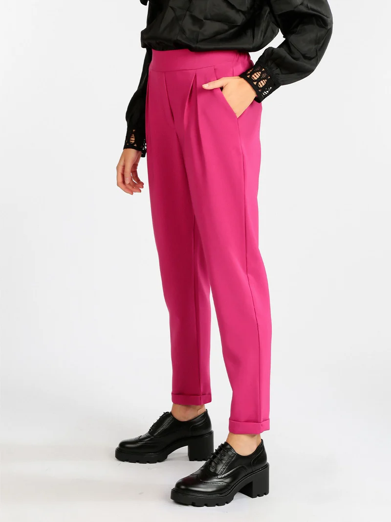 Pantaloni eleganti donna con risvolto - fucsia