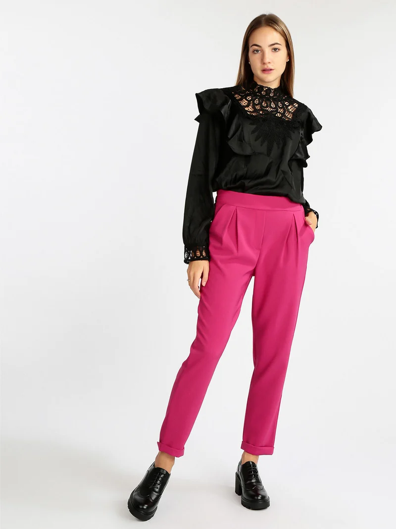 Pantaloni eleganti donna con risvolto - fucsia