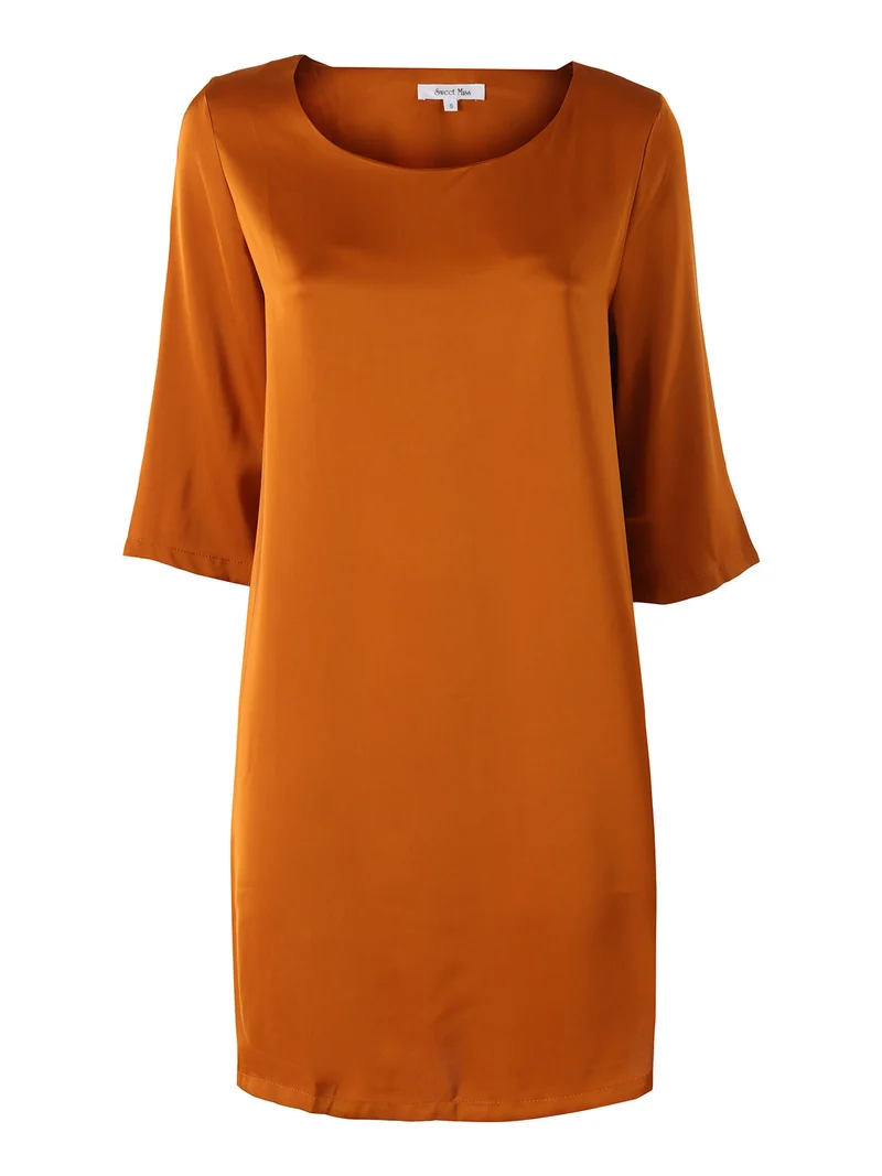 Vestito donna con maniche a 3/4 in tessuto effetto raso - cuoio